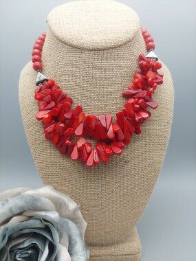 Beautiful Artisan Faux Polished Teardrop Coral Collar Necklace Double Strand16"